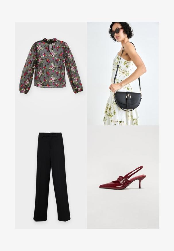 Fekete áttetsző blúz virágmintával, rózsaszín, piros és zöld színekben. Kulcslyuk nyakkivágás, hosszú ujjú, rugalmas mandzsettával. Elegáns dizájn.; Fekete, széles szárú nadrág sima anyagból, klasszikus derékrésszel, gombzárral és elülső redőkkel.; Piros lakkbőr slingback sarokcipő, hegyes orral, két csatoló pánttal és vékony, közepes magasságú stiletto sarokkal. Simább textúrájú.; Fekete bőrtáska ívelt formával, levehető pánttal és arany színű fémrészekkel. A táskán egy csattal díszített fedél található.