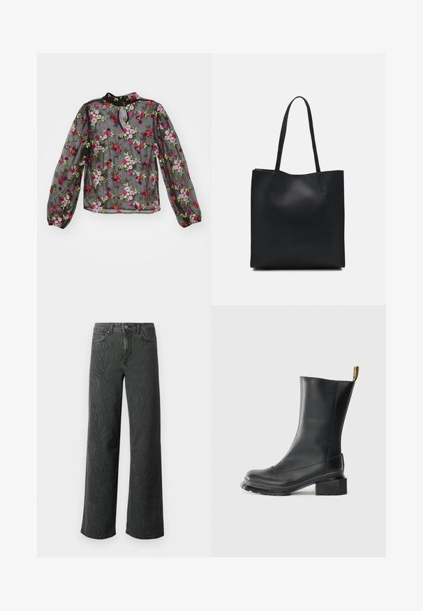 Blusa preta transparente com bordado floral em rosa, vermelho e verde. Decote em forma de gota, mangas longas com punhos elásticos. Design elegante.; Calças de perna larga em denim cinza escuro, apresentando uma textura sutil de padrão zebra, costura em contraste e um design de cinco bolsos com fecho de botão.; Botim de pele preta até ao tornozelo com um salto bloco, textura lisa, biqueira arredondada e uma aba de salto com uma marcação amarela.; Bolsa tote preta em couro com textura lisa, forma retangular e duas alças longas. Sem hardware ou enfeites visíveis.