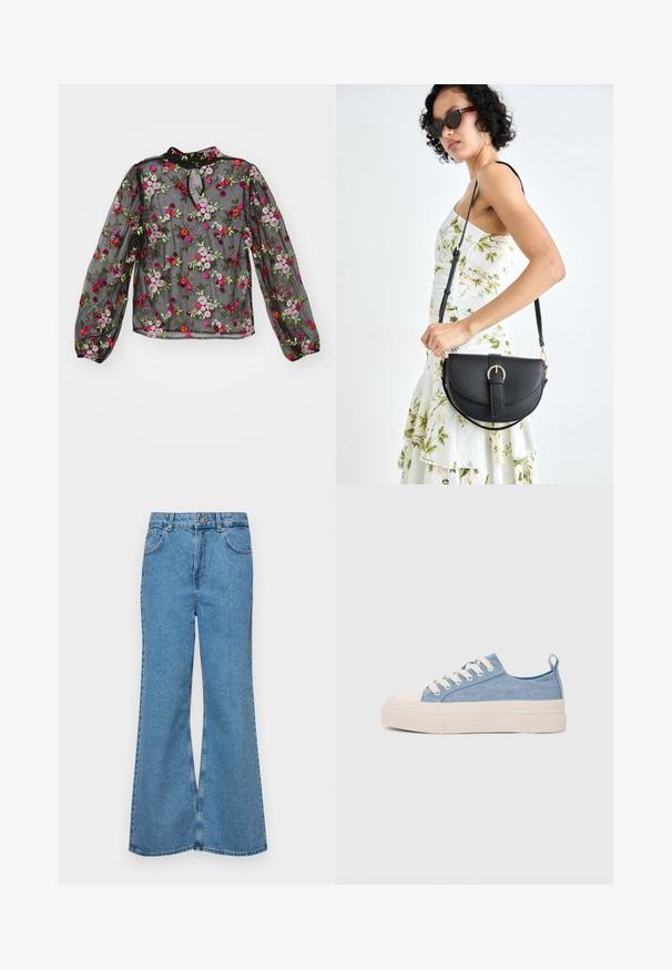 Melnā caurspīdīgā blūze ar ziedu izšuvumu rozā, sarkanā un zaļā krāsā. Atvērtā kakla līnija, garas piedurknes ar elastīgām aprocēm. Elegants dizains.; Gaiši zili, platā piegriezuma džinsi, kas izgatavoti no denima, ar augstu jostasvietu, piecām kabatām un vienu pogu. Mīksta tekstūra ar nolietotu apdari.; Gaiši zili kanvas sneakeri ar krēmkrāsas gumijas pirksta aizsargu un ārējo zoli, aprīkoti ar baltām šņorēm un cilpu uz papēža.; Melnas ādas rokassoma ar izliekta formu, noņemamu siksnu un zelta aksesuāriem. Somai ir vāciņš ar sprādzes detaļu.