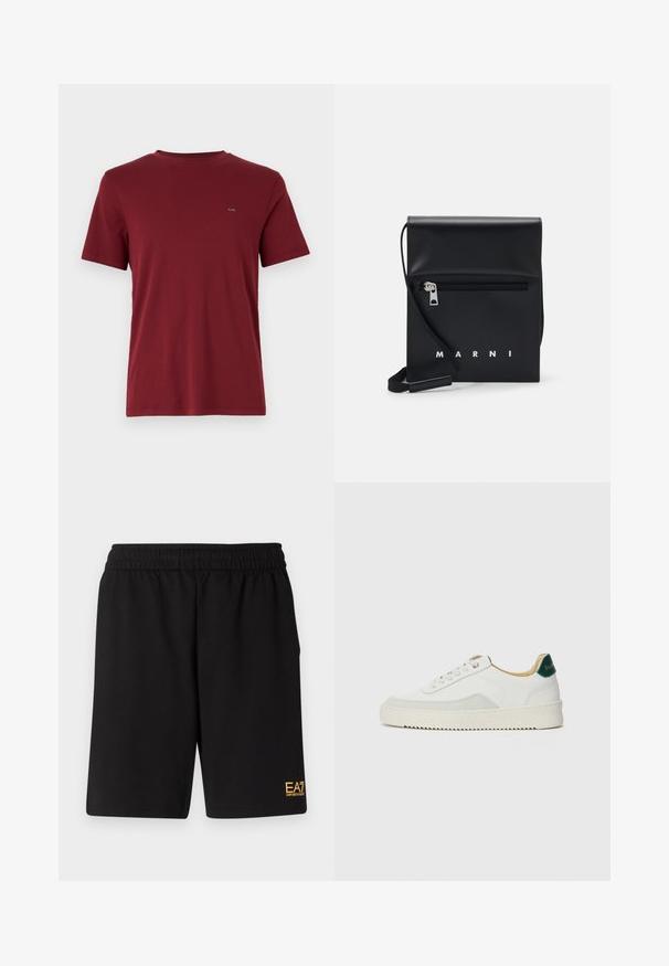 T-shirt de gola redonda na cor bordeaux, feito de um tecido de algodão suave. Mangas curtas, corte regular, com um pequeno logotipo no peito.; Calções desportivos pretos feitos de um tecido suave, com um cós elástico e um pequeno logótipo amarelo EA7 na parte inferior da perna esquerda.; Tênis brancos com detalhes em camurça, bico arredondado, atacadores planos e sola de borracha creme. Apresenta uma marcação verde no calcanhar.; Bolsa de couro preta a tiracolo com um bolso frontal com fecho, logotipo em relevo e alça ajustável. Textura suave com uma forma estruturada.