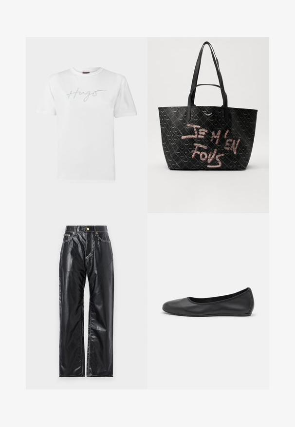 Baltas kokvilnas T-krekls ar īsām piedurknēm. Uz krūšu daļas ir rakstīts vārds "Apskāvieni" vieglā, izliektā fontā. Gluda tekstūra, klasiska piegriezuma.; Melnas mākslīgās ādas bikses ar platu kāju griezumu, kurām ir baltas šuves, priekšējās kabatas un zelta pogas jostasvietā.; Melna ādas baleta kurpe ar noapaļotu purngalu, gludu tekstūru, minimālu šuvju detalizāciju un elastīgu zoles dizainu.; Melna somiņa ar strukturālu materiālu, kas rotāta ar dimanta rakstu, plecu siksnām un drosmīgu sarkanu un baltu tekstu "JE M'EN FOUS."