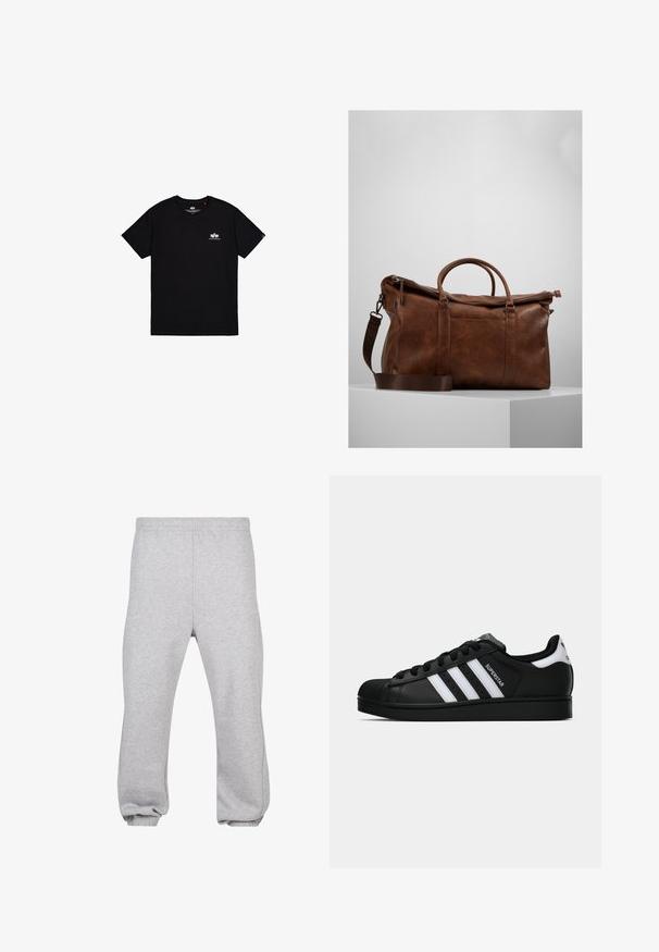 Must have must valge logo vasakul rinnal ja silt külje õmblusel. Lihtne disain.; Hallide hallid puuvillasegusest kangast dressipüksid, millel on elastne vöökoht, kitsenevad jalad ja mansetid. Lihtne disain, ilma mustriteta.; Mustad musta värvi Adidas Superstar toss, millel on valged triibud, koonuseline varvas ja küljes "Superstar" tekst, esitatud külgvaates valgel taustal.; Pruunist nahast nädalavahetuse kott, millel on lukuga sulgur, topeltkäepidemed, reguleeritav õlavarre rihm ja nähtavad tekstuurimustrid pinnal.