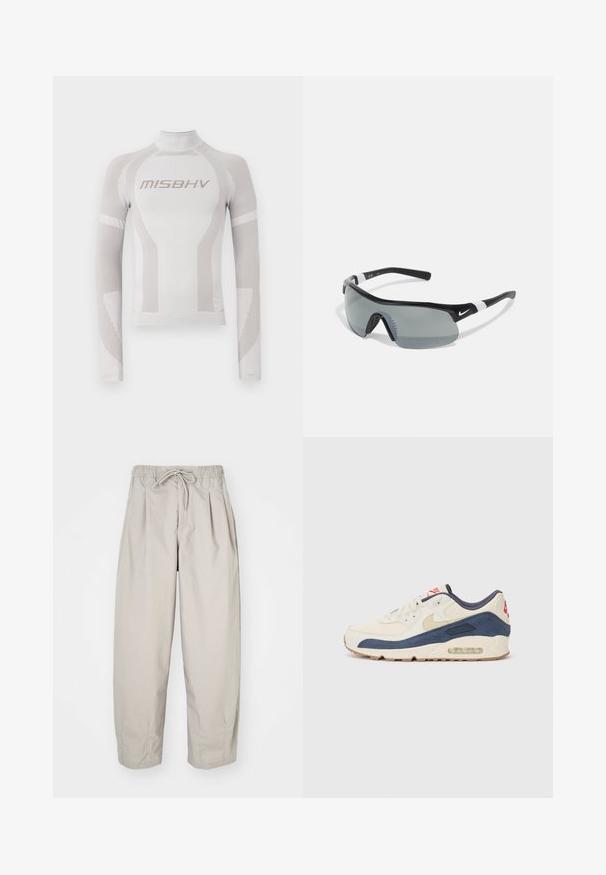 Valkoinen pitkähihainen tiukka paita, jossa on pystysuoria vaaleanharmaita raitoja ja korkea kaulus. Edessä on "MISBHV"-logo, valmistettu joustavasta kankaasta.; Haal beige, kevyet housut, joissa on joustava vyötärö ja nauhakuulut. Täydentää pleatit ja löysä istuvuus, valmistettu pehmeästä, sileästä kankaasta.; Tennarit, joissa on kermanvärinen nahka ja merimiessininen mokka päällinen, näkyvällä ilmasoolalla, beige kumipohja ja punainen yksityiskohta kantapäässä.; Mustat urheilulliset aurinkolasit, joissa on kietoutuva muotoilu, harmaat linssit ja kumiset koristeet pidon parantamiseksi. Sivussa on valkoinen Nike-logo.