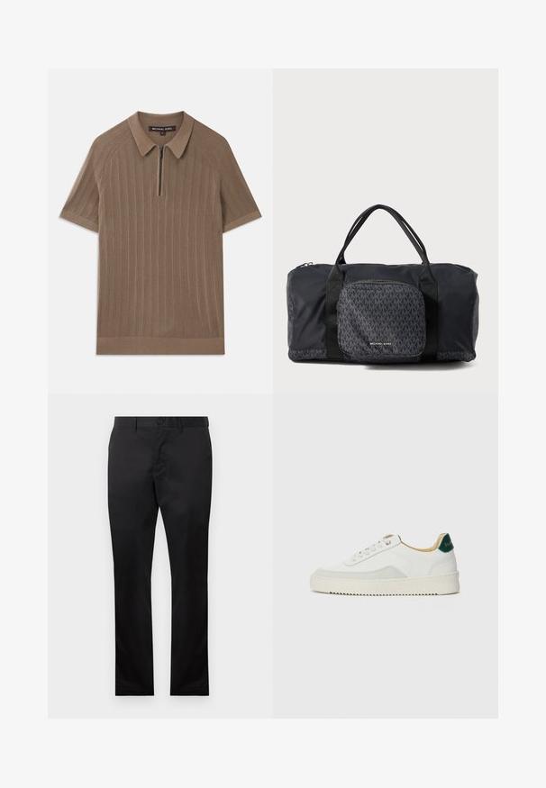 Polo de manga corta de punto acanalado marrón con cuello y media cremallera frontal, etiquetado como Michael Kors, talla mediana.; Pantalones de algodón negros con un diseño de pierna recta, que cuentan con un cierre de botón frontal y bolsillos laterales, textura suave y sin patrones visibles.; Zapatilla blanca con acentos de ante, puntera redondeada, cordones planos y suela de goma color crema. Presenta un logo verde en el talón.; Bolso de viaje negro de Michael Kors con doble asa, bolsillo frontal con cremallera que presenta un patrón repetido del logo MK y la marca Michael Kors.