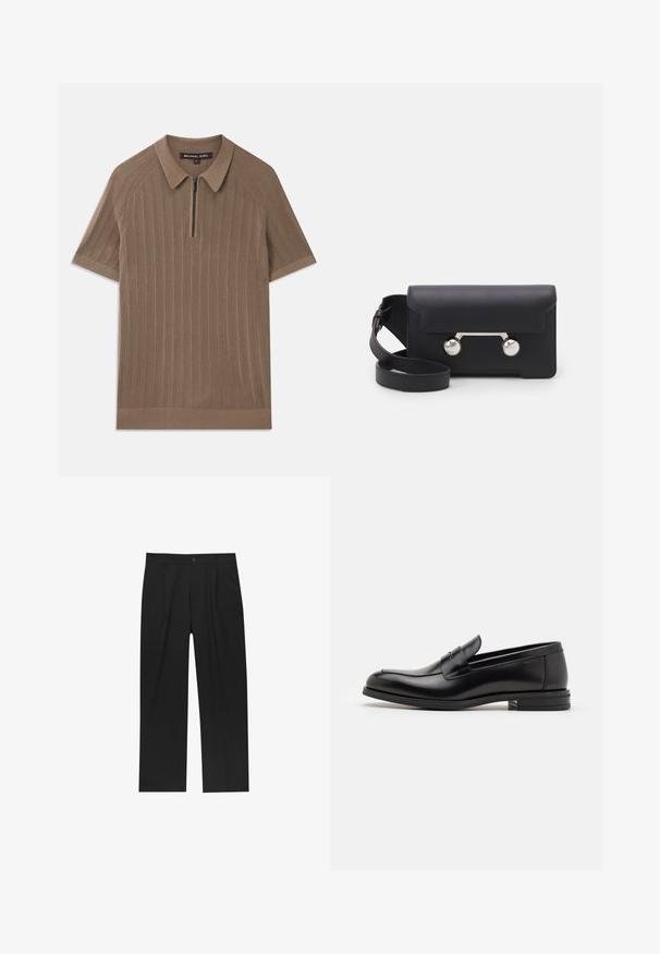 Barna bordás kötött rövidujjú pólóing, gallérral és elülső félcipzárral, Michael Kors márkájú, közepes méret.; Fekete nadrág egyenes szárú kialakítással, sima anyagból készült. Elöl redők és egy gombos záródás található a derékon.; Fekete bőr loaferek sima textúrával, kerek orral és dekoratív pánttal a vampnál. Alacsony, rétegelt sarkú, minimalista dizájn.; Fekete bőr keresztpántos táska hajtókával, ezüst színű kiegészítőkkel és két kerek díszítéssel. Levehető pánttal rendelkezik. Simább textúrájú.; Ezüst négyzet alakú óra fehér számlappal, fekete római számokkal és "WATER RESIST" felirattal. Fekete bőrszíj, texturált felülettel.