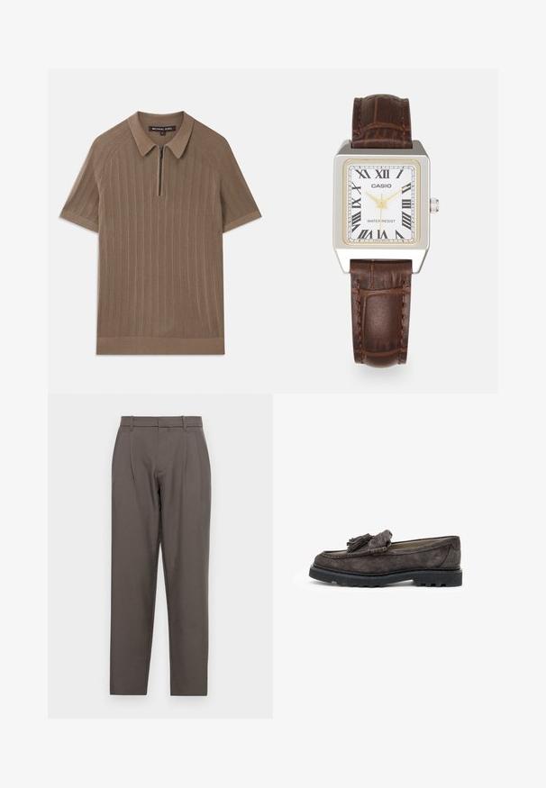 Brun ribbet strikket polo skjorte med korte ærmer, krave og halv-lynlås foran, mærket Michael Kors, størrelse medium.; Jack & Jones JPSTBILL JJDAYTONA WIDE - Bukser - pavement; Mørkegrå ruskinds loafers med en fronttassle accent, flad gummisål og kontrasterende syninger langs kanten.; Casio rektangulært ur med en hvid urskive, guldfarvede detaljer, romerske tal og en brun læderrem med krokodillemønster. Vandafvisende design.