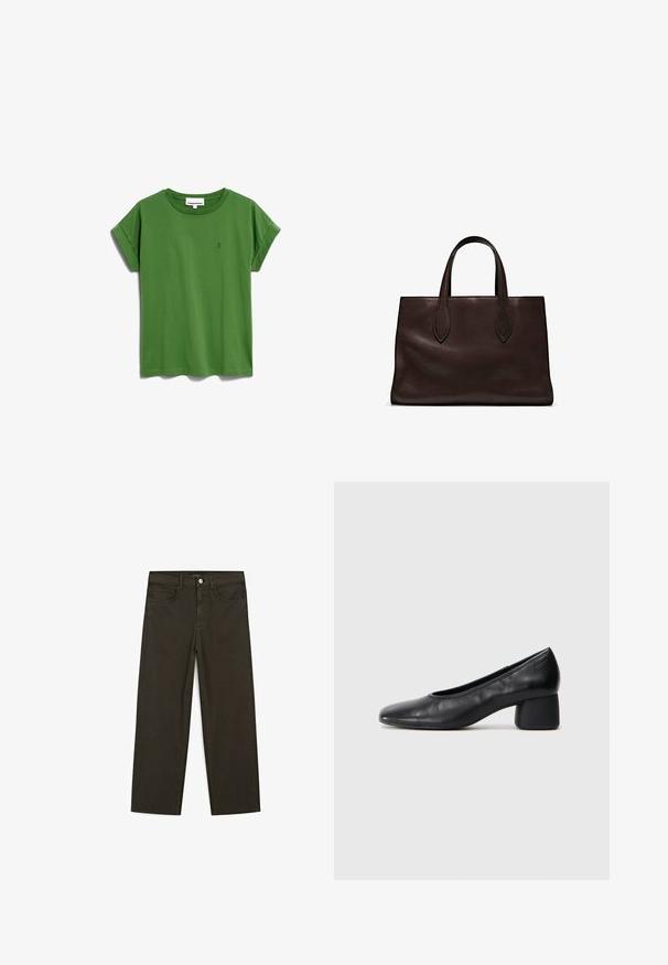 Groene katoenen t-shirt met opgerolde korte mouwen, een ronde halslijn en een klein zwart logo detail op de borst. Zacht, casual ontwerp.; Donkergroene wijde jeans van een katoenmix, met een sluiting met een voorste knop, vijf zakken en klassieke denimstiksels.; Zwarte leren pump met een ronde neus en een middenblokhak. Glad textuur met minimale details, voorzien van een subtiele elastische opening.; Bruine leren tote bag met twee verlengde handvatten, gestructureerde rechthoekige vorm, gladde textuur en subtiele stiksels.