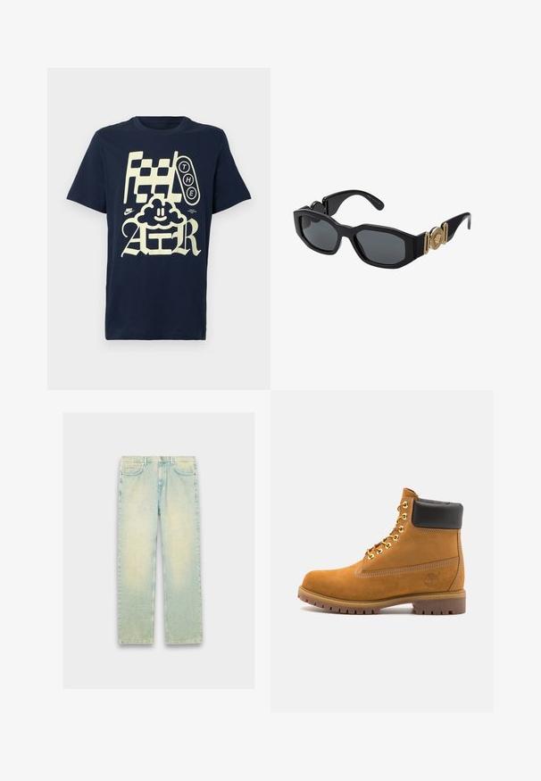 Navy blue cotton t-shirt featuring bold cream graphic text: "Feel THE AIR," whimsical cloud design, and Nike logo near the hem.; Light blue denim jeans with a loose fit, featuring five pockets, a zip fly, and a faded finish along the thighs and knees.; Tan suede ankle boot with black padded collar, gold metal eyelets, white stitching detailing, and rugged rubber sole with pronounced treads.; Black sunglasses with a chunky geometric frame, dark lenses, and gold metal accents on the temples featuring a round emblem detail.