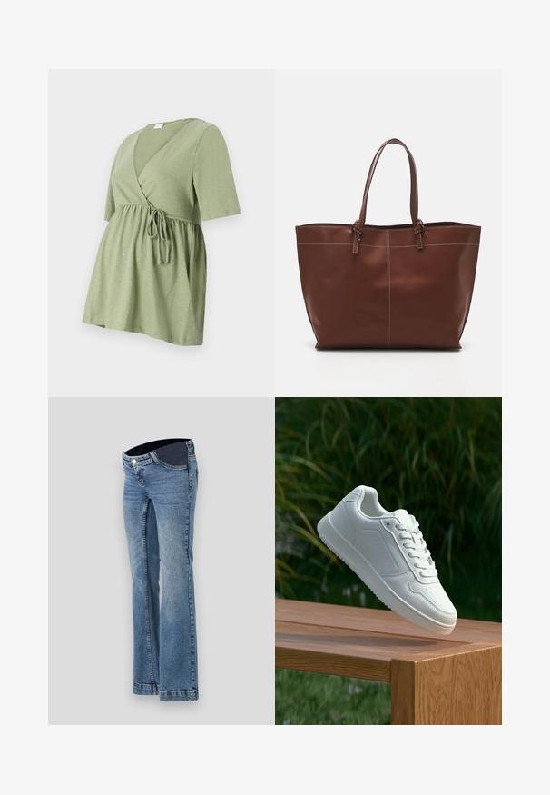 MAMALICIOUS MLKALYNA TESS 2/4 - Potiskana majica - hedge green; Svjetloplave traperice s dizajnom širokih nogavica, s tamnim pojasom i pet džepova, ukrašene vidljivim šavovima.; Bela teniska s gladkim sintetičnim zgornjim delom, perforiranim prednjim delom, ravnimi vezalkami in teksturiranim podplatom, prikazana na leseni površini.; Rjava usnjena torba z dvema ročajema, z kontrastnim šitjem in prostornim dizajnom, primerna za vsakodnevno uporabo.