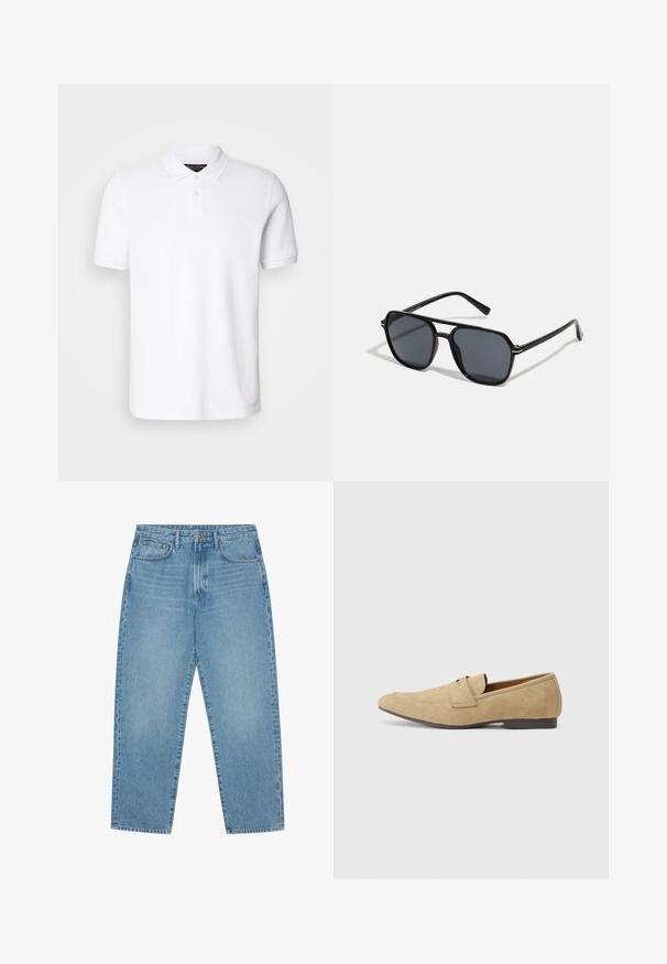 Fehér pólóing, pamutból készült. Klasszikus gallérral, három gombos nyakkal és rövid ujjakkal rendelkezik. Diszkrét logó hímzéssel a mellkasán.; Világoskék farmer széles szárú nadrág magas derékkal, öt zsebből, övhurkokkal és puha, enyhén fakó textúrával.; Beige velúr lofu, enyhe fényes felülettel, lekerekített orral, slip-on kialakítással és alacsony barna sarkakkal. Diszkrét varrási részletek.; Fekete napszemüveg nyolcszögletű kerettel, sötét lencsékkel, fényes felülettel, vékony szárakkal és arany díszítéssel az elülső részén.