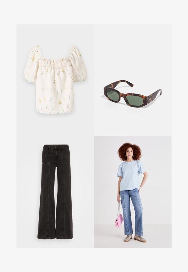 Kvetinová blúzka so štvorcovým výstrihom, nadýchanými rukávmi a zhrnutou elastickou vrchnou časťou. Má svetložltý základ s multikolórovými kvetinovými potlačami.; Čierne široké džínsy vyrobené z denimu, s vysokým pásom, prednými vreckami a tonálnym prešívaním pozdĺž švov.; Svetlomodré bavlnené tričko s krátkymi nariasenými rukávmi, v kombinácii s džínsami s vysokým pásom. Modelka drží malú ružovú kabelku s reťazovým popruhom.; Korytnačkové slnečné okuliare s obdĺžnikovými zelenými šošovkami, širokým rámom a hrubými stranami. Má elegantný dizajn a hladký plastový povrch.; Biely kožený kabelka so štruktúrovaným krémovým tkaným dnom. Obsahuje zlatý úchyt a vinutý biely popruh pre univerzálnosť.