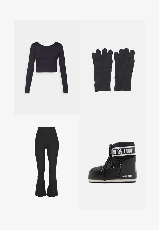 Musta pitkähiha, istuva lyhyttoppi, jossa on pyöreä pääntie ja ribbitekstuuri. Helma ulottuu juuri vyötärön ylle, ja siinä on minimalistische design-elementtejä.; Mustat levenevät legginsit, jotka on valmistettu joustavasta ja sileästä kankaasta. Korkea vyötärö ja lahkeiden alaosissa olevat halkiot tarjoavat lisäsuunnittelu yksityiskohtia.; Musta Moon Boot, jossa on pehmustettu päällinen, joka on kiinnitetty nauhoilla ja jossa on erottuva valkoinen nauha, jossa on logo. Paksu, teksturoitu kumipohja.; Mustat neulotut käsineet, joissa on ribattu resori ja erilliset sormiaukot täyden liikkuvuuden saavuttamiseksi. Pehmeä rakenne ja tasainen ompelu.