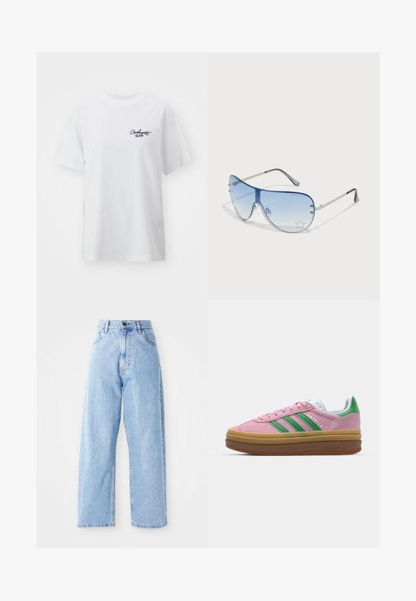 Weißes Baumwoll-T-Shirt mit lässiger Passform. Verfügt über kurze Ärmel und ein kleines schwarzes "Carhartt WIP"-Logo auf der linken Brust.; Hoch-taillierte hellblaue Jeans mit geraden, weiten Beinen, vorderem Knopf, Reißverschluss und Front- sowie Gesäßtaschen.; Rosa Wildledersneaker mit grünen Streifen, weißen Akzenten und einer braunen Gummisohle. Verfügt über strukturierten Stoff und Logodetails an der Seite.; Flugzeugbrille mit einem verlaufenden blauen Glase, silbernem Metallrahmen und dekorativen Sternelementen auf dem Glas. Glattes und elegantes Design.