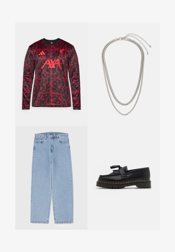 adidas Performance LIVERPOOL FC 25/26 PRE MATCH WARM TOP - Club wear - black/pure ruby; Light blue denim jeans with straight leg design, featuring a mid-rise waist, five pockets, and a button and zipper closure.; Black leather loafer with a tasseled accent, featuring a chunky black sole and yellow stitching along the edge. Textured finish.; Three-layered silver metal necklace featuring sleek, flexible chains with a slight sheen, secured with a lobster clasp and adjustable chain.