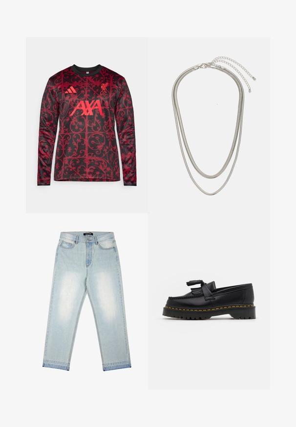 adidas Performance LIVERPOOL FC 25/26 PRE MATCH WARM TOP - Klubbkläder - black/pure ruby; Pegador BARROW - Löst sittande jeans - sand washed blue; Svart läderloafer med en tofsdetalj, med en kraftig svart sula och gul söm längs kanten. Strukturerad yta.; Tre-lager silvermetallhalsband med eleganta, flexibla kedjor med en svag glans, säkrad med ett kräftklämma och justerbar kedja.