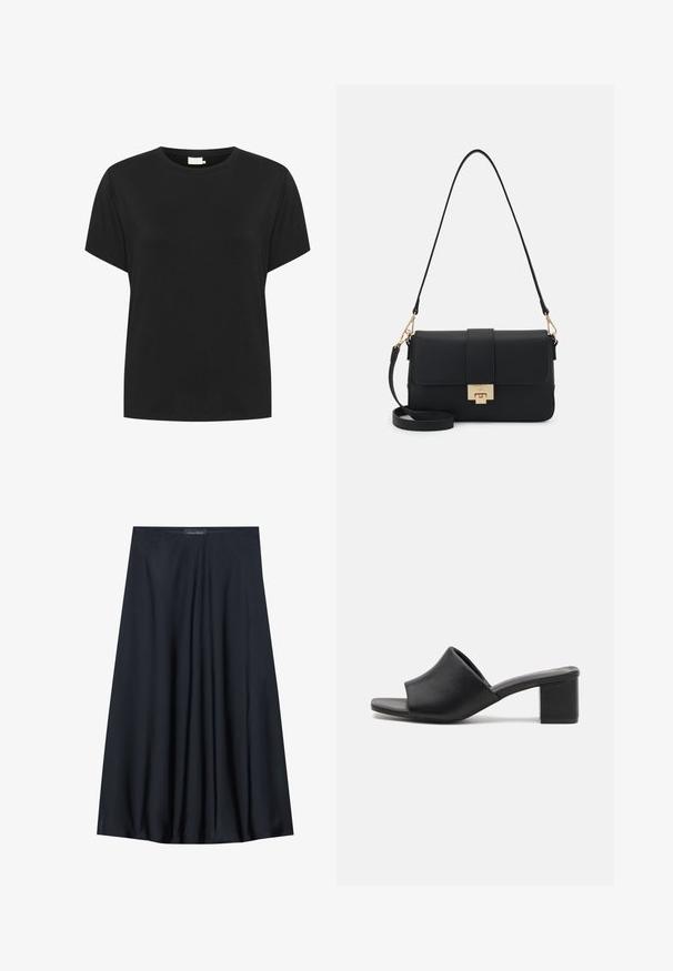 T-shirt in cotone nero con scollo tondo e maniche corte. Il tessuto ha una texture liscia e una vestibilità rilassata, senza motivi visibili.; Gonna nera al ginocchio realizzata in tessuto leggero con un design fluido. Presenta una texture morbida e pieghe sottili per un tocco di dettaglio in più.; Mule nere in pelle con tacco a blocco e apertura sulla punta, con una superficie liscia e una tomaia leggermente curva per comfort e stile.; Borsa a spalla in ecopelle nera con forma rettangolare, hardware dorato, chiusura magnetica e tracolla removibile. Dettaglio della superficie testurizzata.; Orologio da polso rettangolare dorato con quadrante bianco, indicatori delle ore in tono argento e un robusto bracciale in metallo. Include la funzione di resistenza all'acqua.