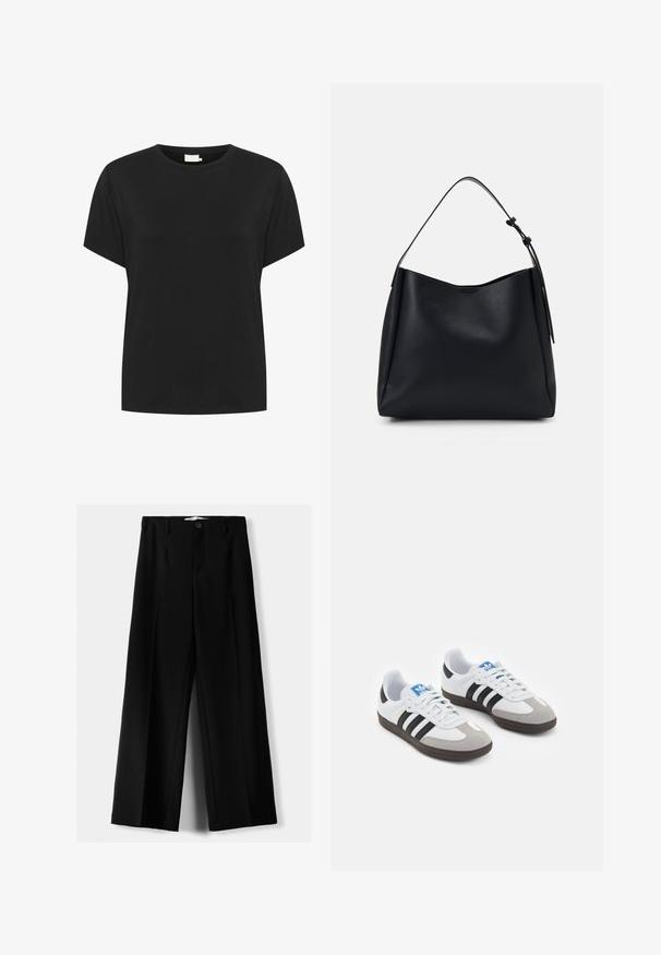 Črna bombažna majica s kratkimi rokavi in okroglo ovratnico. Tkanina ima gladko teksturo in sproščen kroj, brez vidnih vzorcev.; Črne široke hlače iz lahkega materiala, z zapiranjem na gumb spredaj in ravnim sprednjim delom, s skrbno zašiti robovi.; Športni čevlji z belim usnjenim zgornjim delom, sivim semišem na prstih in tremi črnimi črtami. Imajo modro logo na jeziku in teksturiran gumijast podplat.; Črna usnjena hobo torba z enim naramnim trakom, gladka tekstura, zožen vrh in minimalističen dizajn brez vidne opreme.