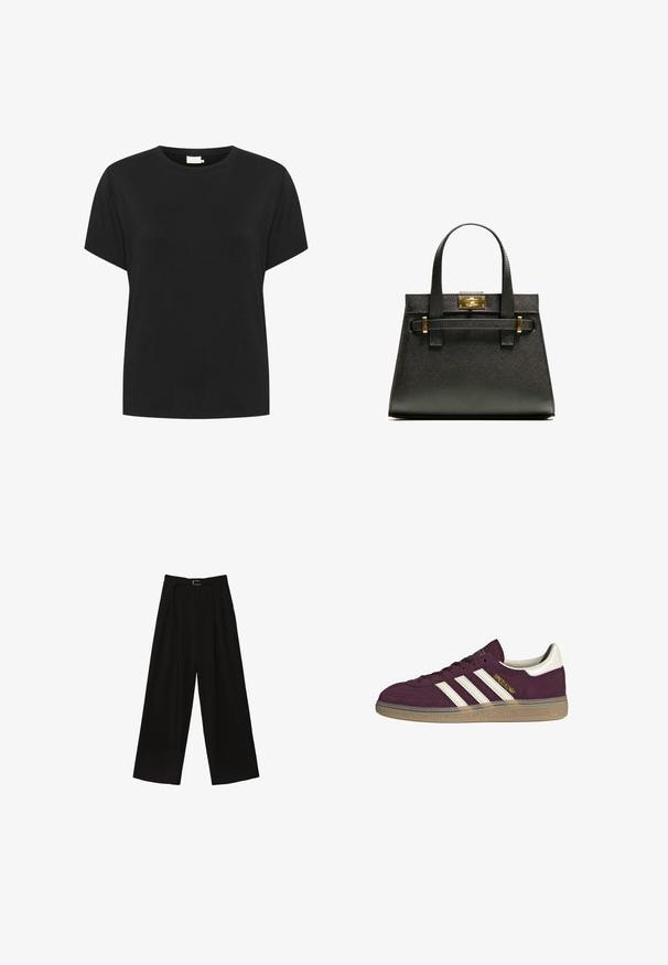 Czarna bawełniana koszulka z okrągłym dekoltem i krótkimi rękawami. Materiał ma gładką fakturę i luźny krój, bez widocznych wzorów.; Czarne szerokie spodnie o wysokim stanie, z paskiem w talii i fałdami dla uzyskania faktury. Wykonane z gładkiego, lekkiego materiału.; Bordowe zamszowe trampki z białymi trzema paskami i beżowymi akcentami. Mają teksturowaną gumową podeszwę i złote oznaczenia po boku.; Czarna torebka na ramię o teksturowanej powierzchni z krótkimi uchwytami, z złotym zapięciem i akcentami. Projekt jest zorganizowany, o geometrycznej sylwetce.