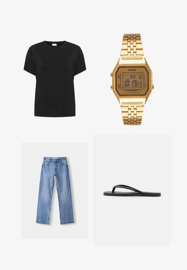 Mustat puuvillapaidat, joissa on pyöreä kaula-aukko ja lyhyet hihat. Kangas on sileä ja rento malli, ilman näkyviä kuvioita.; Vaaleansiniset denim-farkut suoranlahkeisella muotoilulla, joissa on viisi taskua, etupainikeh closure ja hienovarainen haalistuminen pintakuvioinnin vuoksi.; Mustat varvastossut, joissa on minimalistinen muotoilu, litteä pohja, kapeat hihnat ja sileä pinta. Ei muita kuvioita tai koristeita.; Kultainen digitaalikello, jossa on suorakulmainen näyttö, LCD-näyttö, ruostumattomasta teräksestä valmistettu ranneke ja sivuilla olevat painikkeet. Varustettu vedenkestävä etiketti.