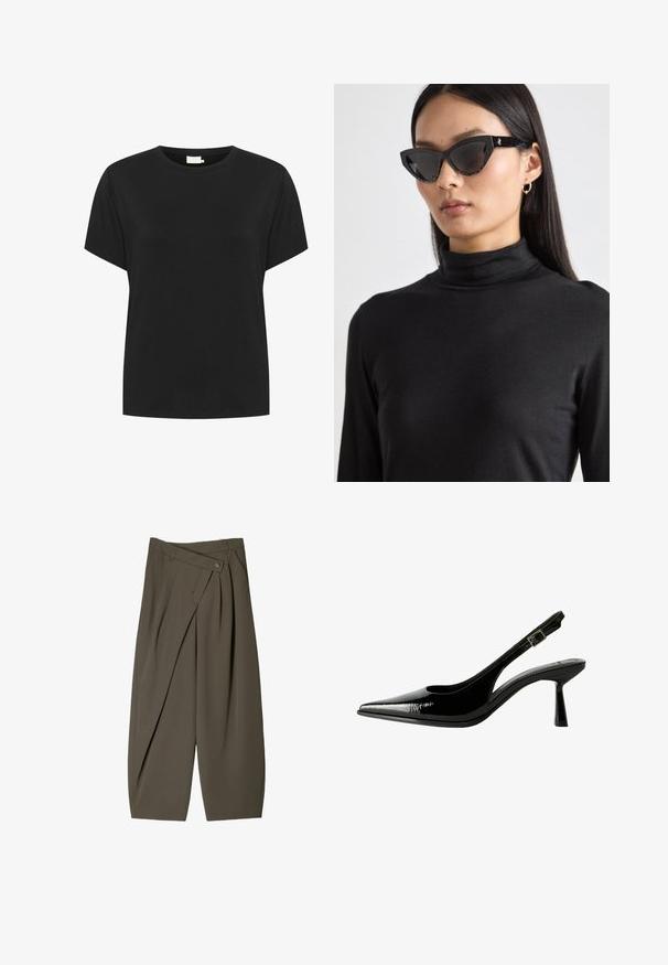 Crna pamučna majica s okruglim izrezom i kratkim rukavima. Tkanina ima glatku teksturu i ležeran kroj, bez vidljivih uzoraka.; Široke hlače od tamno maslinaste tkanine, s naboranim prednjim dijelom, kopčanjem na gumb i sjajnom, teksturiranom površinom.; Crne lakovane kožne cipele s otvorenom petom, šiljastim vrhom, izrezanim stranama, podešavajućom naramenicom i tankim, elegantnim potplatom.; Crne mačkaste naočale s tamnim staklima, teksturiranim crnim okvirom i suptilnim šljokicama. Model nosi crni rolku.; Zlatni digitalni sat s pravokutnim brojčanikom, LCD zaslonom, nehrđajućim čeličnim remenom i gumbima sa strane. Ima oznaku otpornosti na vodu.