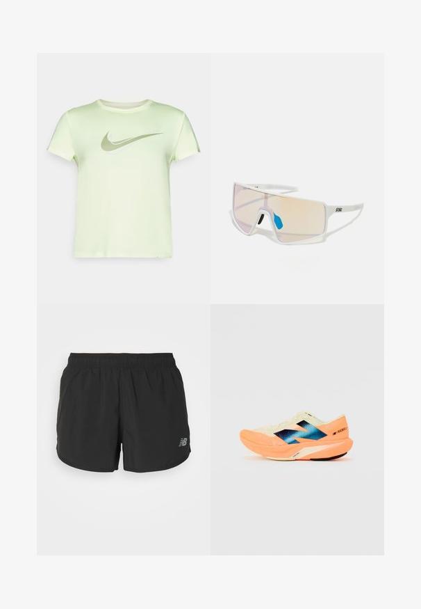 Limegrøn Nike t-shirt med korte ærmer, rund halsudskæring og et reflekterende swoosh-logo på forsiden. Glat, letvægtsstof.; Sorte atletiske shorts med elastisk talje, lavet af letvægtsstof. Har et lille gråt logo på nederste højre side.; Løbesko med en let cremelæder overdel, blå branding og orange detaljer på sålen. Mesh-struktur for åndbarhed.; Hvide ramme-solbriller med store, gradienslinser, der har en pink til lys orange tone, fremhævet af et blåt næsestykke og logo detajer.