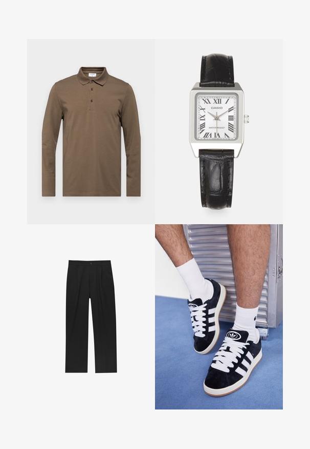 Long-sleeve brown polo shirt made from soft fabric, featuring a classic collar, three-button placket, and subtle stitching details.; Black pants with a straight-leg design, made from a smooth fabric. Features front pleats and a single button closure at the waist.; Black suede sneakers with white laces and three white stripes. Features a circular black logo on the tongue and a gum rubber sole.; Silver square watch with a white face, black Roman numerals, and "WATER RESIST" text. Black leather strap with a textured finish.