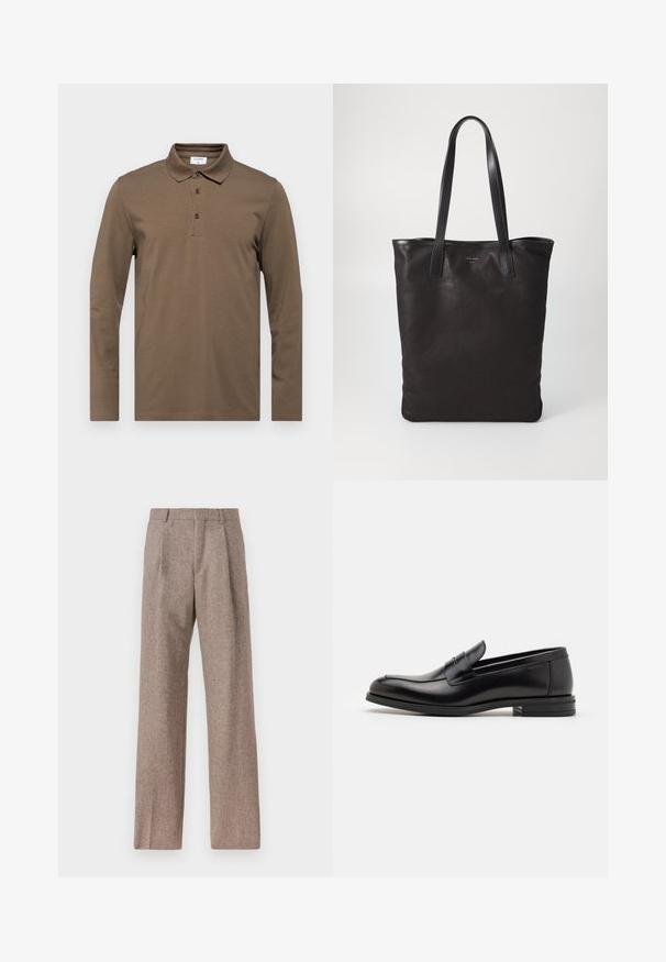 Brun långärmad polo skjorta i mjukt tyg, med en klassisk krage, treknapps stängning och subtila sömnadsdetaljer.; Bruna, högmidjade byxor i texturerat tyg. Har vida ben och två framvikningar för struktur. Välavslutad utan synlig hårdvara.; Svarta läderloafers med en slät yta, rund tå och ett dekorativt band över främre delen. Låg staplad klack, minimalistisk design.; Svart canvas toteväska med svarta läderhandtag. Enkel design, rymlig kropp och en slät textur. Inga synliga logotyper eller mönster.