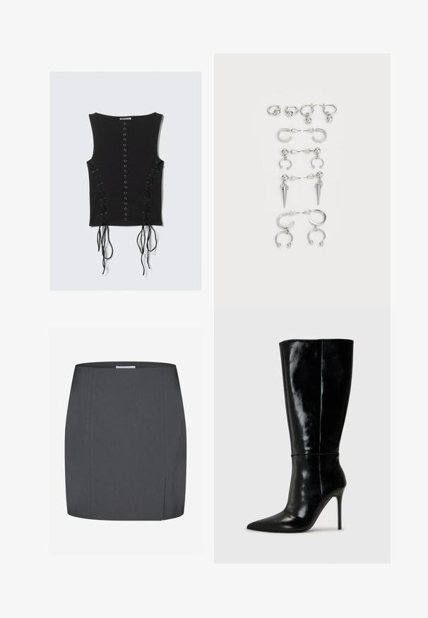 Black sleeveless top with central row of metal eyelets and lace-up details with long strings on both sides.; Envii SPLIT - Pencil skirt - grey; Black leather knee-high boots with a pointed toe and high stiletto heel. Smooth texture and sleek design, featuring minimal detailing.; Set of silver earrings featuring various designs: hoops, studs, and dangling styles, with ball accents and pointed elements.