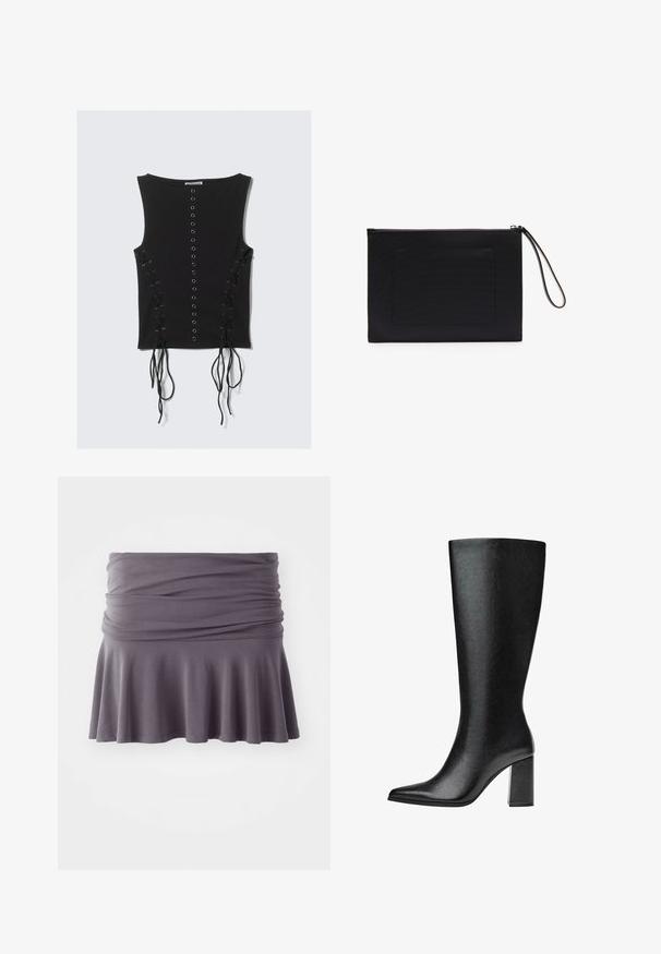 Haut sans manches noir avec une rangée centrale d'œillets en métal et des détails de lacets avec de longues cordes de chaque côté.; Jupe grise, à mi-mollet, en tissu doux avec une taille froncée et un ourlet évasé. Elle présente une texture lisse et un design simple.; Bottine noire montante en simili cuir avec un bout pointu, texture lisse et un talon large. Design minimaliste sans accents visibles.; Pochette noire en tissu texturé de forme rectangulaire, dotée d'une fermeture zippée et d'une bandoulière. Comprend une poche frontale.