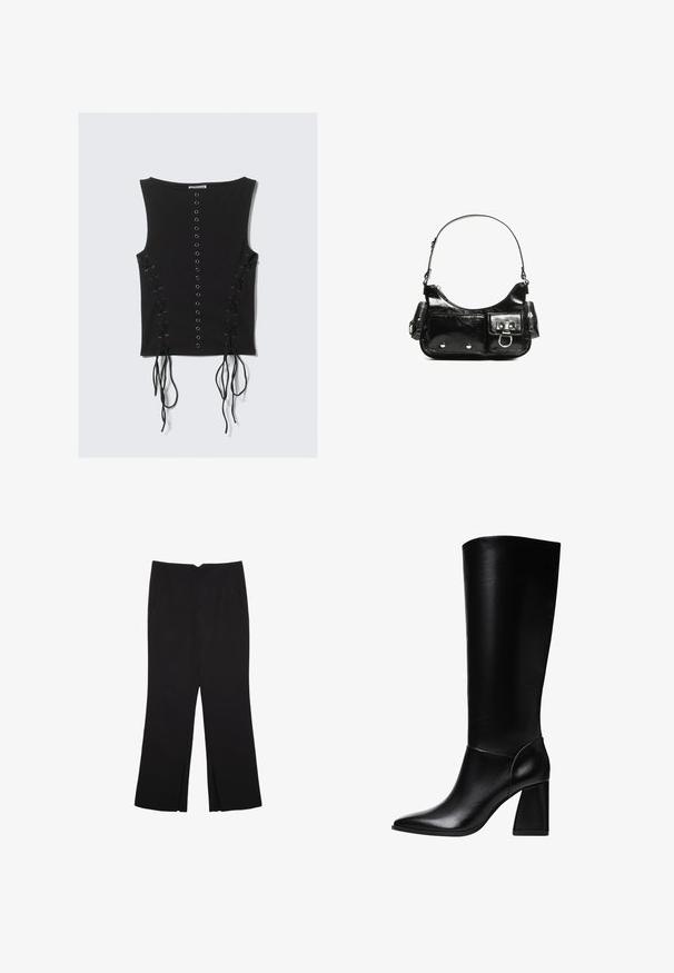 Crna majica bez rukava s središnjim redom metalnih rupica i detaljima vezanja s dugim konopcima sa svake strane.; Crne hlače ravnog kroja, s prednjim džepovima i bočnim prorezima na rubu. Izrađene od mekog i glatkog materijala. Pogodne za razne prigode.; Stradivarius Čizme s visokom petom - black; Crna patentna kožna torba s zakrivljenim oblikom, jednim remenom za rame, prednjim džepovima i akcentima od srebrnog tona.