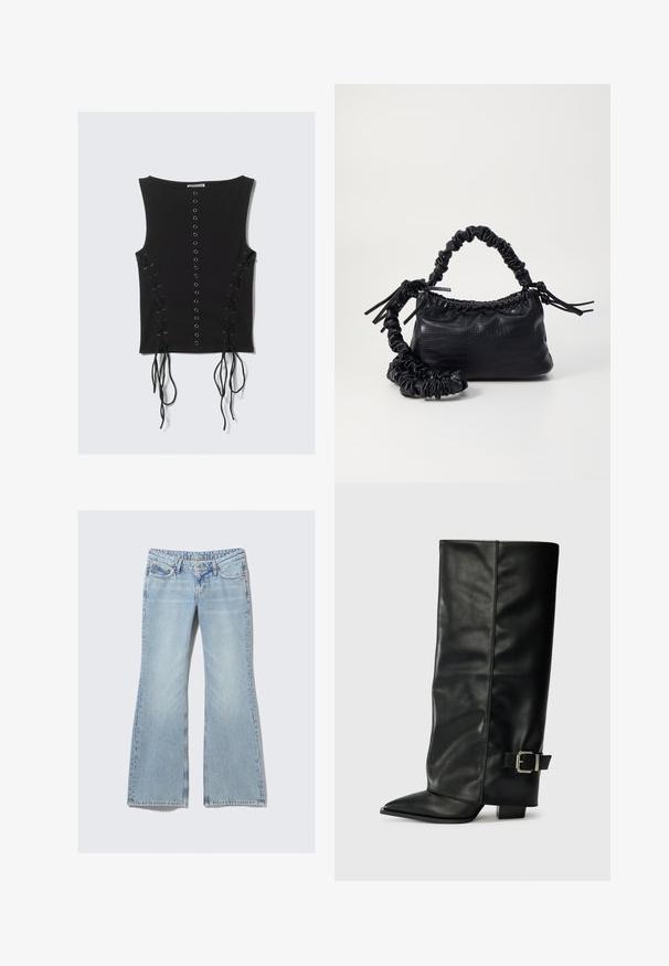 Black sleeveless top with central row of metal eyelets and lace-up details with long strings on both sides.; Weekday NOVA - Slim fit jeans - lip blue; Black leather ankle-length boots with a pointed toe, smooth texture, and a silver buckle accent on the side. Chunky square heel.; Black faux leather handbag with a crocodile texture, cinched top, and a scrunched strap. Appears soft and compact in design.