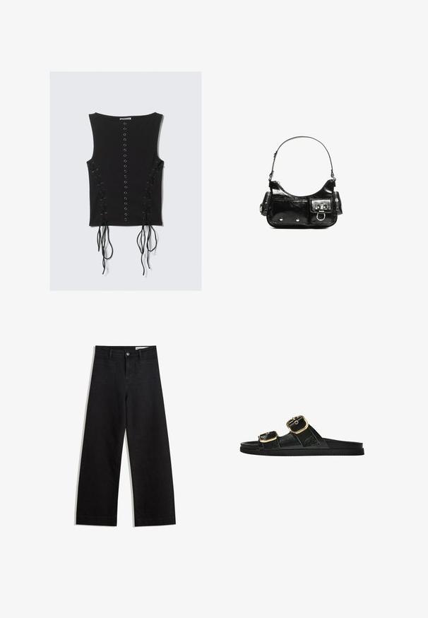 Svart ärmlös topp med en central rad av metal ögla och snörningsdetaljer med långa snören på båda sidor.; Svarta vida denimbyxor med hög midja, med fram- och bakfickor, sydda sömmar och knappstängning. Slät textur.; Svart glidsandal med två guldfärgad spännen, slät textur av material, platt sula och en minimalistisk design.; Svart lackläderhandväska med en rundad form, en axelrem, framfickor och detaljer i silverfärg.