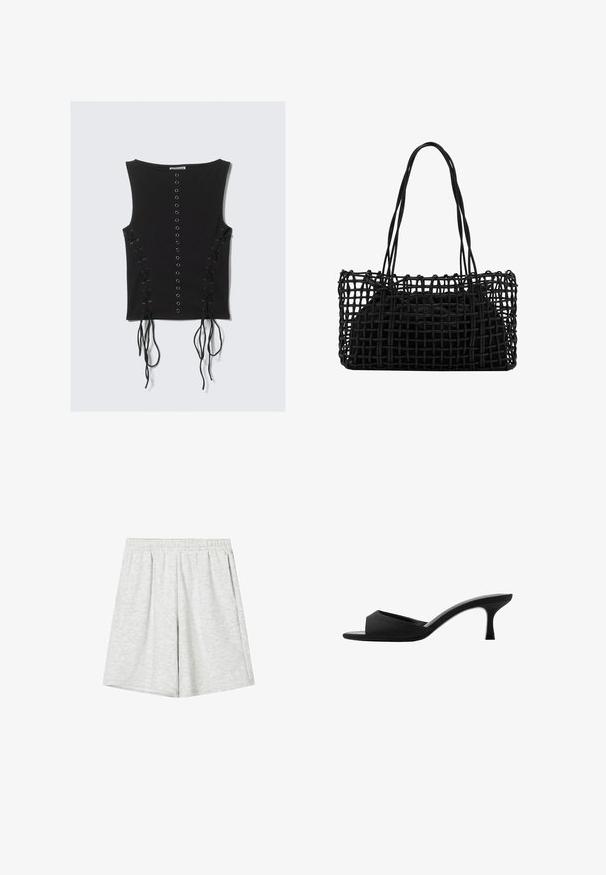 Schwarzes ärmelloses Top mit einer zentralen Reihe von Metallösen und Schnürdetails mit langen Bändern an beiden Seiten.; Hellgraue Sportshorts aus weichem Stoff, mit elastischem Bund, lockerer Passform und subtiler Textur. Keine sichtbaren Muster oder Akzente.; Schwarze Absatzmules mit einer breiten, offenen Zehenpartie und einem geschwungenen Oberteil. Hergestellt aus strukturiertem Stoff, mit einem schlanken Absatz und einer glatten Sohle.; Schwarze geflochtene Handtasche mit einem offenen Netzdesign und zwei langen Griffen. Verfügt über eine solide schwarze Innentasche zur Aufbewahrung.