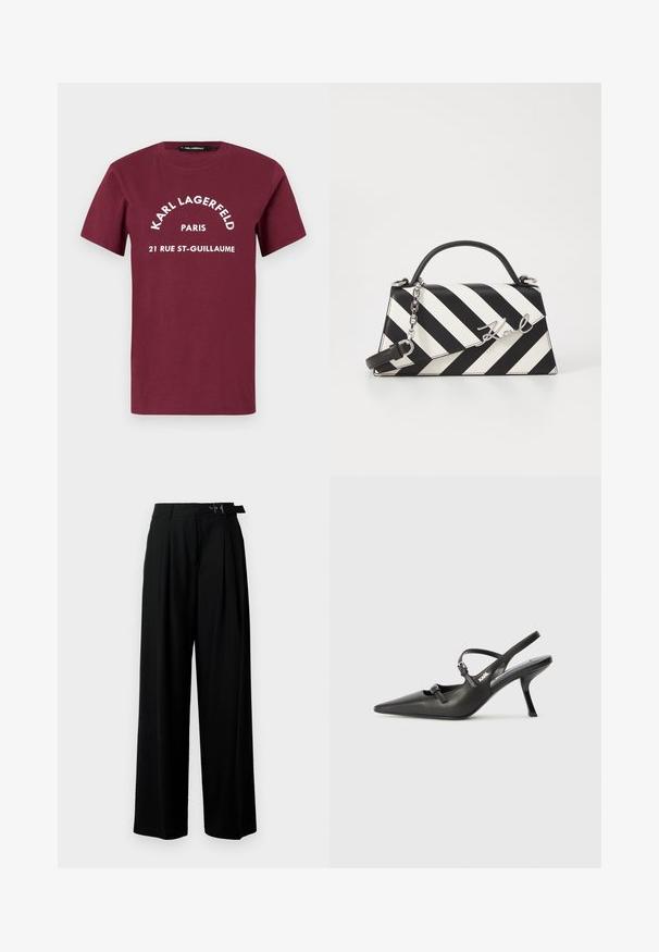 Bordeaux lyhythihainen T-paita, jossa on valkoisella tekstillä "KARL LAGERFELD PARIS 21 RUE ST-GUILLAUME" painettuna etuosan keskelle.; Mustat leveät housut korkealla vyötäröllä, etuosassa laskokset ja soljellinen vyö. Valmistettu sileästä ja kevyestä kankaasta.; Mustat nahkaiset slingback-korkokengät, joissa on terävä kärki, hoikka korko ja koristeellinen solkityyny varpailla. Tasainen pinta ja tyylikäs muotoilu.; Mustikkamustavalkoinen raita käsilaukku, jossa on jämäkkä muoto, ylhäällä oleva kahva, irrotettava ketjuhihna ja metallinen logoelementti.