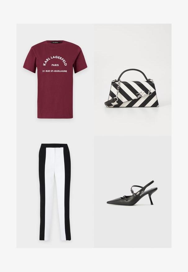 Burgundy short-sleeve T-shirt with white text "KARL LAGERFELD PARIS 21 RUE ST-GUILLAUME" printed on front center.; Black and white tapered trousers featuring a slim fit with contrasting panels. Fabric has a smooth texture; waistband is flat and fitted.; Black leather slingback heels with a pointed toe, slender heel, and decorative buckle detail on the vamp. Smooth texture and sleek design.; Black and white striped handbag with a structured shape, featuring a top handle, a detachable chain strap, and metallic logo accent.