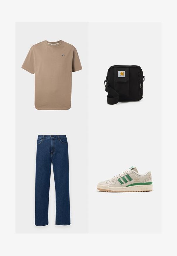 Beige bomull T-skjorte med rund hals, kortermer og et lite brodert emblem på venstre bryst. Glatt tekstur med en avslappet passform.; Mørkeblå rette jeans i denim med frontlommer og knappelukking, vist på en enkel hvit bakgrunn.; Adidas sneakers med en beige skinnoverdel, grønne striper og gummisåle. Har en polstret krage og perforert tå for pusteevne.; Svart crossover-veske med en glidelåslukking hovedrom, frontlomme, justerbar stropp og et synlig logo-patch på klaffen.