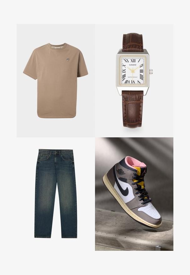 Beige cotton T-shirt with a crew neck, short sleeves, and a small embroidered emblem on the left chest. Smooth texture with a relaxed fit.; Dark blue denim jeans with a straight cut, five pocket design, and a slight faded texture on the legs. Suitable for casual wear.; High-top Nike Air Jordan sneaker in white, grey, and black with pink interior and yellow tongue, positioned on a concrete surface.; Casio rectangular watch with a white face, gold accents, Roman numerals, and a brown crocodile-pattern leather strap. Water-resistant design.