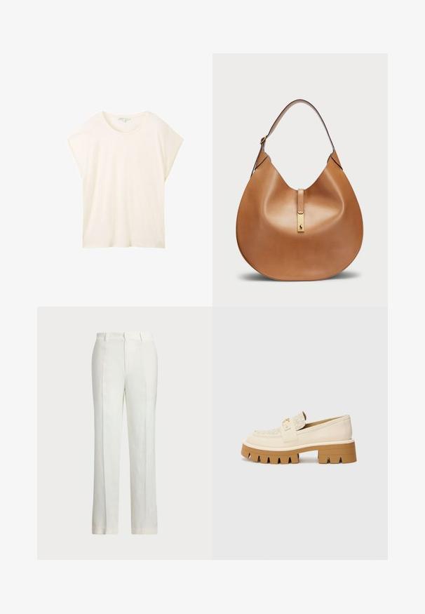 TOM TAILOR DENIM FLUENT TEE - T-shirt basic - off white; Witte linnen broeken met een recht model, voorzien van een platte voorkant, twee zijzakken en een subtiele gestructureerde stof.; Beige instappers met een gestructureerde crèmekleurige band, voorzien van een chunky bruine zool met tandachtige patronen. Gouden accent op het gespdetail.; Tan leren handtas met een gebogen vorm en een brede schouderband. Heeft een gouden metalen accent in het midden en een gladde textuur.