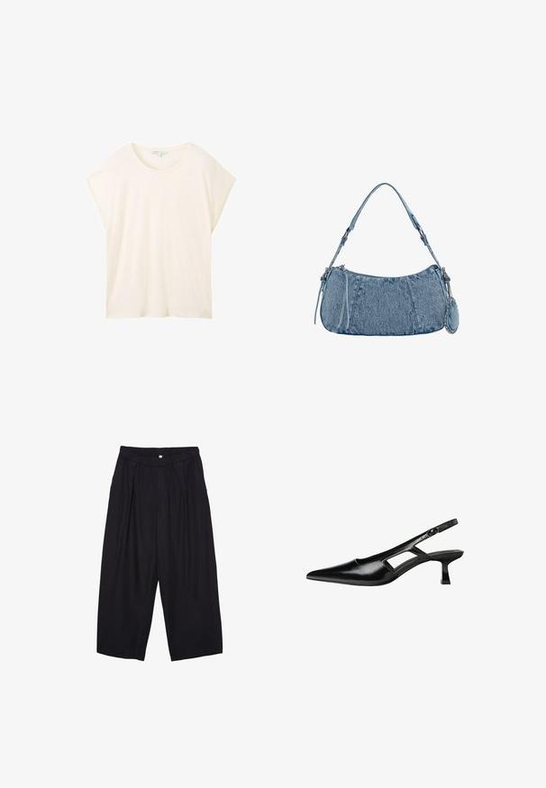 TOM TAILOR DENIM FLUENT TEE - T-shirts basic - off white; Sorte polyester culotte bukser med elastisk talje, to forpiber og en løs silhuet. Ingen synlige mønstre eller hardware detaljer.; Sorte patentlæder slingback hæle med spids tå, udskåret sideskærm og en lille firkantet hæl. Glat tekstur med minimale detaljer.; Denim håndtaske med buet form, lyseblå farve, justerbar skulderrem og en lille aftagelig pung med metalliske detaljer.