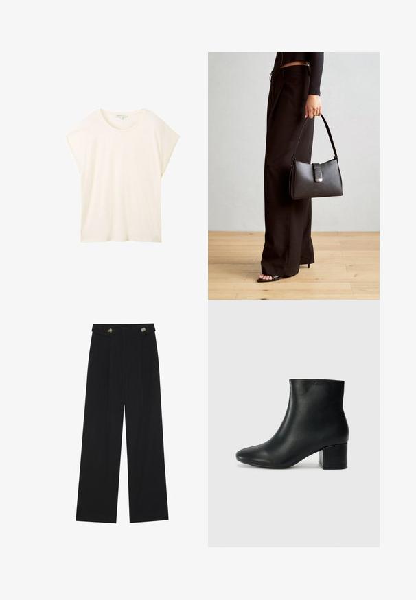 TOM TAILOR DENIM FLUENT TEE - T-Shirt basic - off white; Schwarze weite Hosen mit hoher Taille, Knopfdetails am Bund und vorderen Falten.; Schwarze Leder-Ankle-Boots mit spitzem Zehenbereich und klobigem Absatz. Glatte Textur mit minimalen Akzenten und einem eleganten, taillierten Design.; Schwarze Handtasche mit strukturierter Form, glatter Textur und einem metallischen Verschluss. Kombiniert mit weiten schwarzen Hosen und offenen Sandalen auf einem Holzboden.