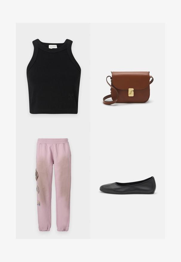 Black ribbed crop top with a fitted design, wide shoulder straps, and a subtle logo detail. Made from stretchy material for comfort.; Pink sweatpants with an elastic waistband, featuring decorative patches in diamond shapes on the left side and elastic cuffs at the ankles.; Black leather ballet flat with a rounded toe, smooth texture, minimal stitching detail, and a flexible sole design.; Brown leather handbag with a flap closure, gold-tone hardware, a shoulder strap, and a smooth texture. Compact rectangular shape.