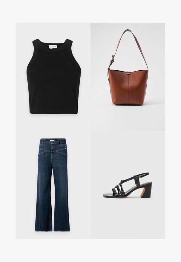 Čierny rebrovaný crop top so štíhlym strihom, širokými ramennými popruhmi a diskrétnym logom. Vyrobený z elastického materiálu pre pohodlie.; Džíny s širokým strihom vyrobené z tmavo modrej denimu, s vysokým pásom, dvoma prednými vreckami a kontrastným švom.; Paul Smith AMIRA - Klasické lodičky na opätku - black; Hnedá kožená taška cez rameno s zakriveným tvarom, hladkou textúrou a jedným tenkým popruhom. Obsahuje jemný šev a malý logo detail.