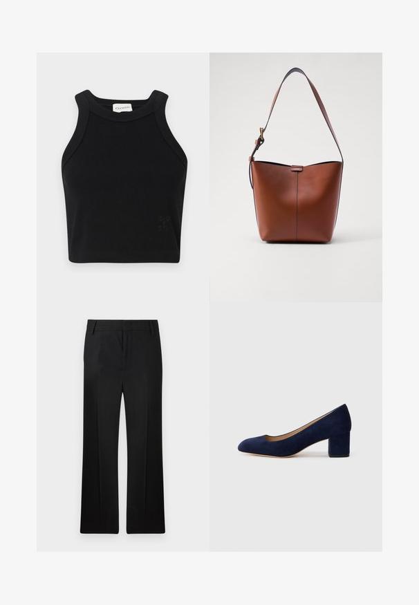 Fekete bordázott crop top, testhez simuló kialakítással, széles vállpántokkal és diszkrét logó részlettel. Rugalmas anyagból készült a kényelem érdekében.; Fekete nadrág, egyenes szárú dizájn, sima anyagból készült. Diszkrét elülső hajtással és lapos derékkal rendelkezik, övhurkokkal.; Tengerészkék velúr, hegyes orrú pumpa, középmagas tömbsarkúval. Simítású felület finom fénylő hatással, elöl egy kis kivágással.; Barna bőr válltáska ívelt formával, sima felülettel és egy vékony pánttal. Diszkrét varrással és kis logóval rendelkezik.