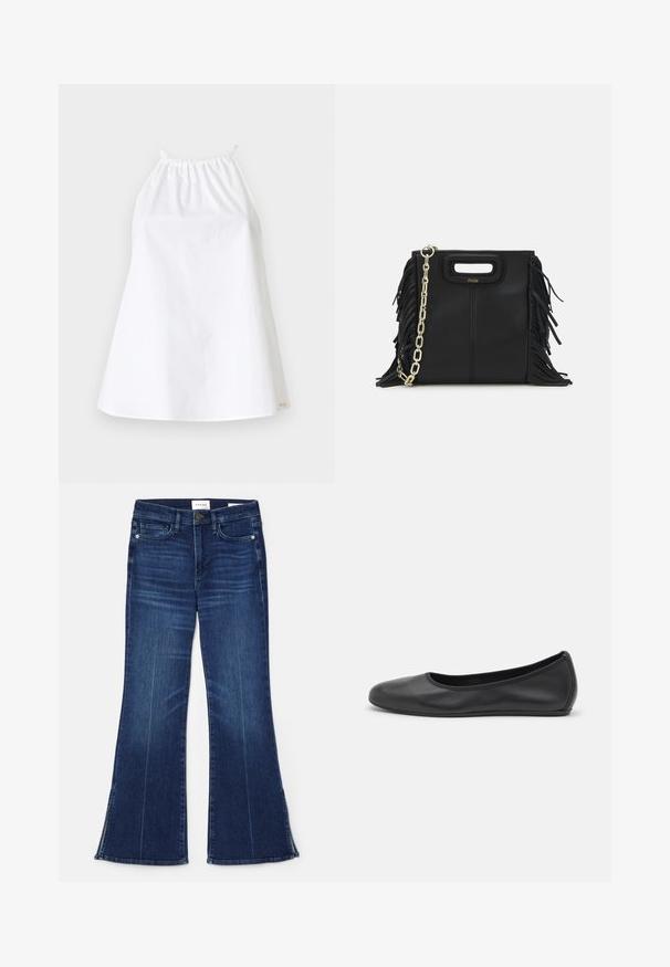 White halter top made of lightweight fabric, featuring an elasticated neckline and straps. Simple, loose-fit design without patterns or embellishments.; Dark blue flared jeans made from denim. Features a high waist, front pockets, and slit details at the hem. Classic five-pocket design.; Black leather ballet flat with a rounded toe, smooth texture, minimal stitching detail, and a flexible sole design.; Black leather handbag with fringe details, gold chain shoulder strap, and a cut-out handle. Features logo placement on the front.