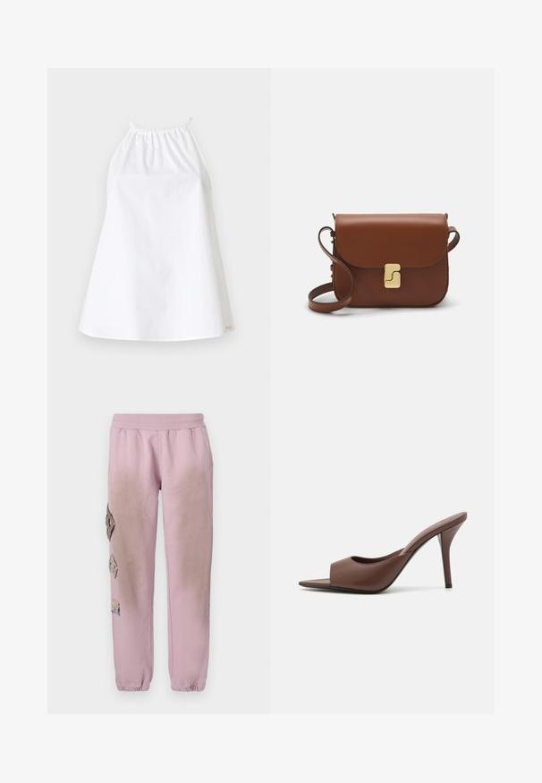 White halter top made of lightweight fabric, featuring an elasticated neckline and straps. Simple, loose-fit design without patterns or embellishments.; Pink sweatpants with an elastic waistband, featuring decorative patches in diamond shapes on the left side and elastic cuffs at the ankles.; Brown leather open-toe high-heeled mules with a sleek design, featuring a wide front strap and a slender stiletto heel.; Brown leather handbag with a flap closure, gold-tone hardware, a shoulder strap, and a smooth texture. Compact rectangular shape.