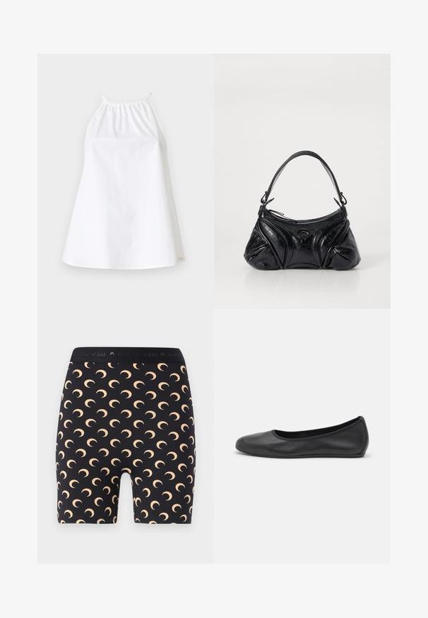 Balta halter tipo viršutinė dalis, pagaminta iš lengvos medžiagos, su elastinga kaklo linija ir petnešomis. Paprasta, laisva konstrukcija be raštų ar puošmenų.; MARINE SERRE MOON MINI - Šortai - inverse tan; Juodai odiniai baletai su apvaliu pirštu, lygi texture, minimalus siuvimo detales ir lanksčiu padų dizainu.; Juodas rankinukas, pagamintas iš tekstūruotos odos, su suapvalinta forma. Jame yra plonas peties diržas ir dekoratyviniai įspausti raštai.