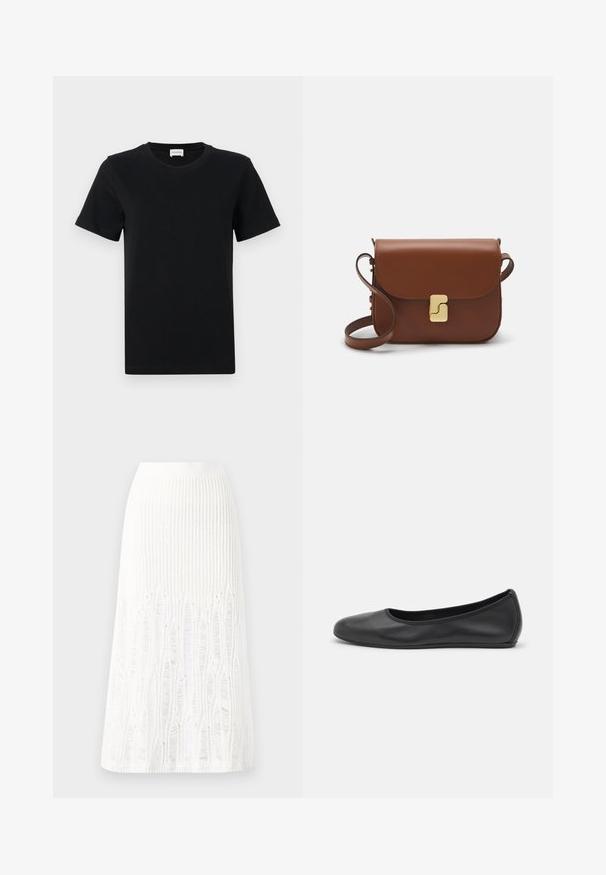 Black cotton short-sleeve t-shirt with a crew neck, featuring a subtle logo detail on the lower front, and a straight cut hem.; Knit white midi skirt featuring a textured pattern with vertical lines and cut-out details near the hem. Elastic waistband. Soft material.; Black leather ballet flat with a rounded toe, smooth texture, minimal stitching detail, and a flexible sole design.; Brown leather handbag with a flap closure, gold-tone hardware, a shoulder strap, and a smooth texture. Compact rectangular shape.