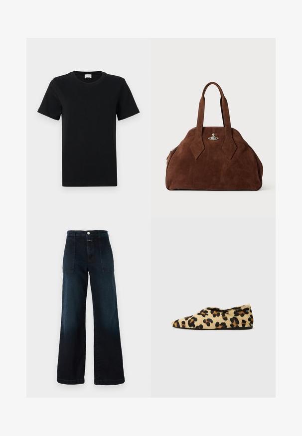 Black cotton short-sleeve t-shirt with a crew neck, featuring a subtle logo detail on the lower front, and a straight cut hem.; Dark blue wide-leg jeans made of denim, featuring a high waist, front pockets, and a front button closure. Smooth texture with a slight fade.; Leopard print flat shoes made of soft fur, featuring a pointed toe design and a low profile. Natural tones with black accents.; Brown suede handbag with a structured shape, rounded body, and elongated diamond-shaped handles. Features a silver hardware closure.