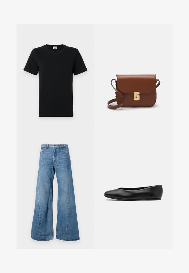 T-shirt nera in cotone a maniche corte con scollo rotondo, caratterizzata da un delicato dettaglio del logo sul lato inferiore anteriore e un orlo dritto.; Jeans in denim blu a gamba larga con vita alta, caratterizzati da un classico stile a cinque tasche e una leggera scoloritura per aggiungere texture.; Paul Smith TOPANGA - Ballerine - black; Borsa a tracolla in pelle marrone con chiusura a pattina, hardware color oro, tracolla e una finitura liscia. Forma rettangolare compatta.