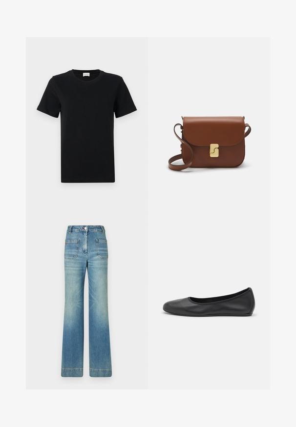 Melns kokvilnas T krekls ar īsām piedurknēm un apaļu kaklu, ar smalku logotipa detaļu apakšējā priekšā un taisnu apakšmalu.; Gaiši zili džinsi ar platām kājām, piecām kabatām, jostām, pogas aizdari un viegli nolietotu tekstūru, ar sarkanu logotipu uz aizmugures.; Melna ādas baleta kurpe ar noapaļotu purngalu, gludu tekstūru, minimālu šuvju detalizāciju un elastīgu zoles dizainu.; Bordo ādas rokas soma ar atloku, zeltītām detaļām, plecu siksnu un gludu virsmu. Kompakta, taisnstūrveida forma.